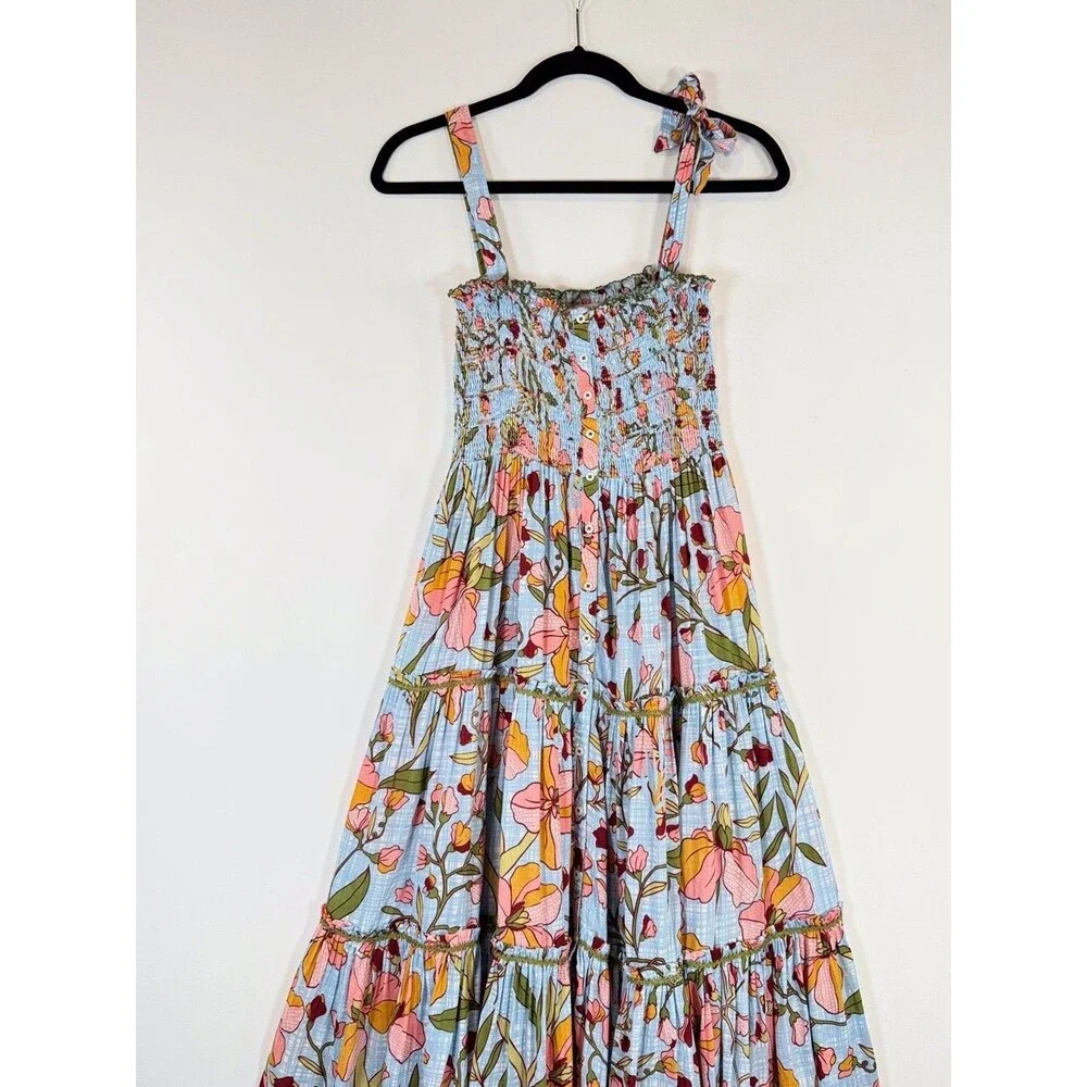 Poupette St Barth Dress Blue Midi Kleid Triny Floral Tank Tiered Smocked Boho XS